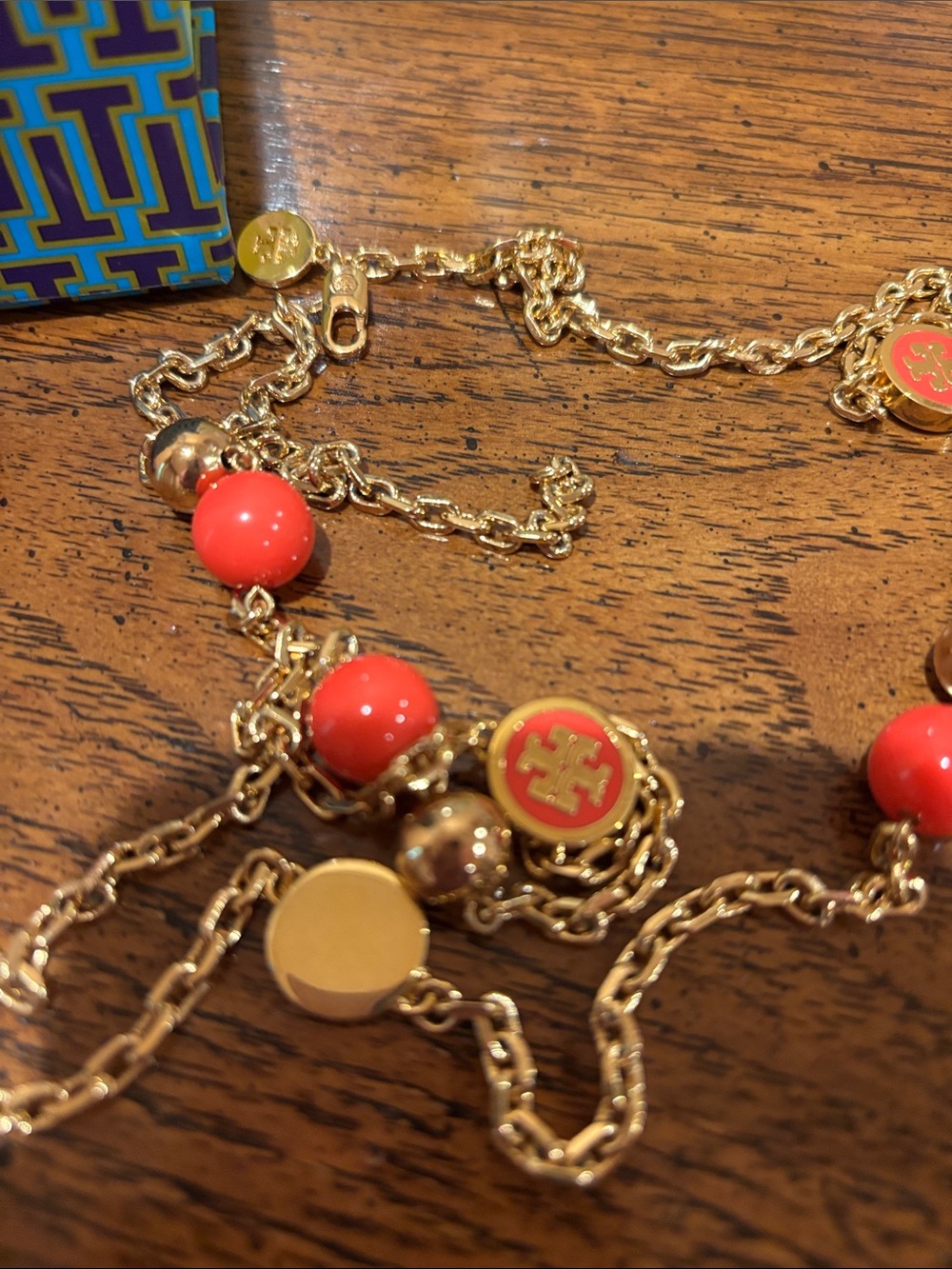 Gold Chain Necklace with Coral Beads and Logo Disc Tory Burch